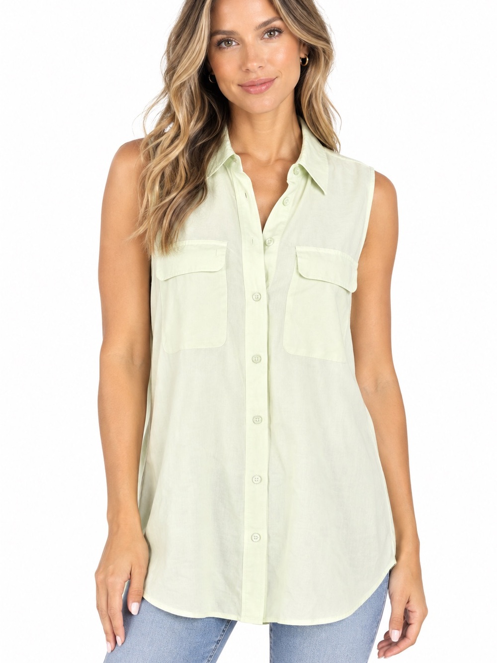 Equipment Silk Sleeveless Button-Down Blouse XS Light Green Utility Pockets